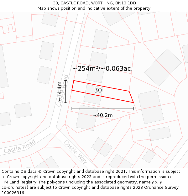 30, CASTLE ROAD, WORTHING, BN13 1DB: Plot and title map