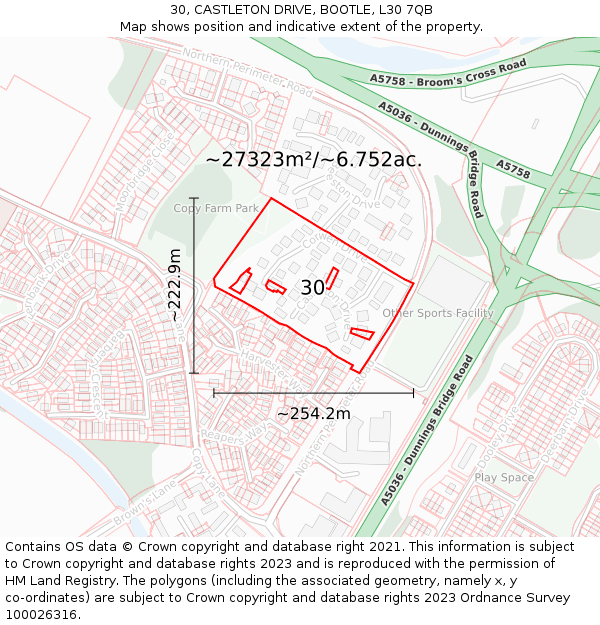 30, CASTLETON DRIVE, BOOTLE, L30 7QB: Plot and title map