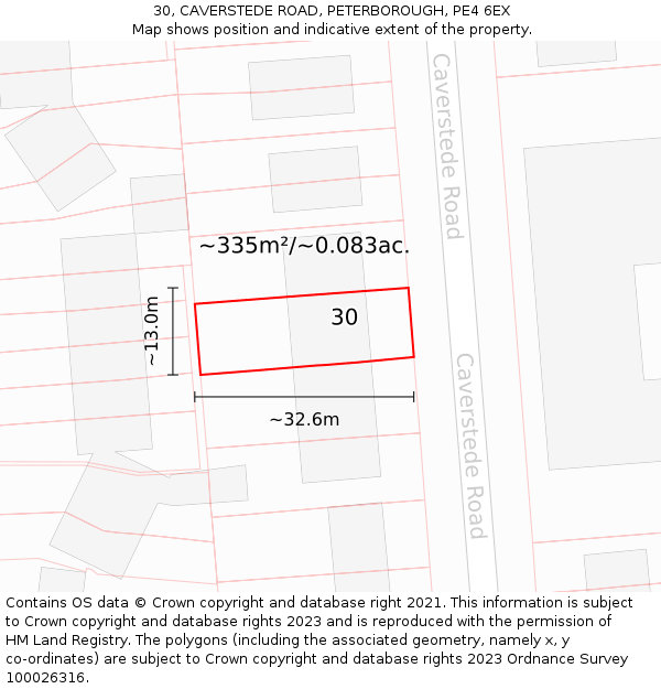 30, CAVERSTEDE ROAD, PETERBOROUGH, PE4 6EX: Plot and title map