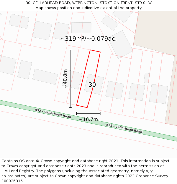 30, CELLARHEAD ROAD, WERRINGTON, STOKE-ON-TRENT, ST9 0HW: Plot and title map