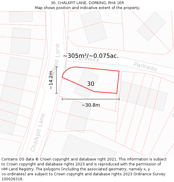 30, CHALKPIT LANE, DORKING, RH4 1ER: Plot and title map