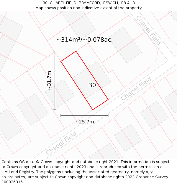 30, CHAPEL FIELD, BRAMFORD, IPSWICH, IP8 4HR: Plot and title map
