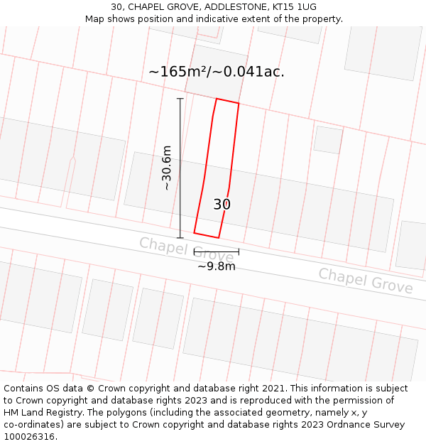 30, CHAPEL GROVE, ADDLESTONE, KT15 1UG: Plot and title map
