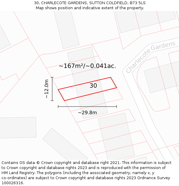 30, CHARLECOTE GARDENS, SUTTON COLDFIELD, B73 5LS: Plot and title map