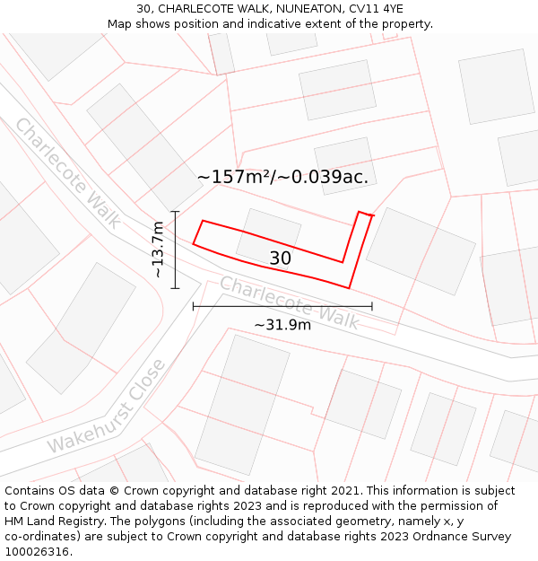 30, CHARLECOTE WALK, NUNEATON, CV11 4YE: Plot and title map