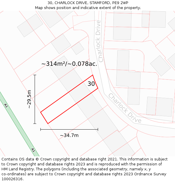 30, CHARLOCK DRIVE, STAMFORD, PE9 2WP: Plot and title map