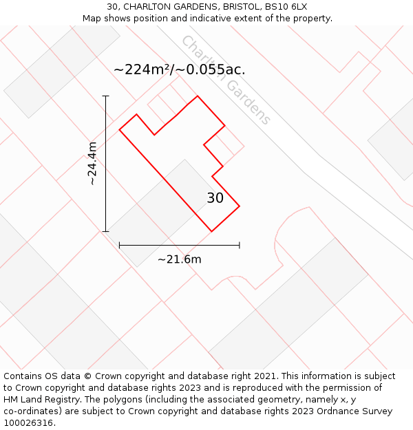 30, CHARLTON GARDENS, BRISTOL, BS10 6LX: Plot and title map