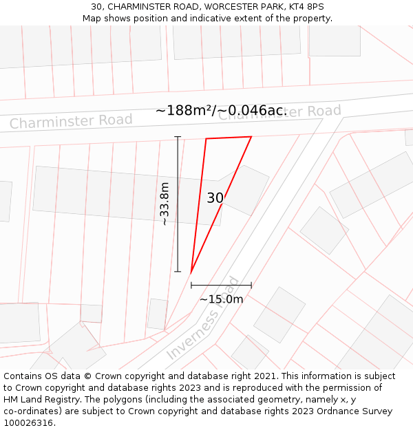 30, CHARMINSTER ROAD, WORCESTER PARK, KT4 8PS: Plot and title map