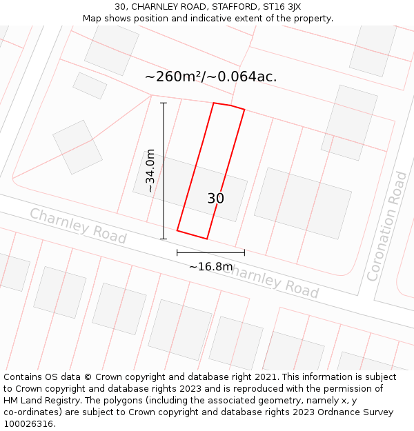 30, CHARNLEY ROAD, STAFFORD, ST16 3JX: Plot and title map