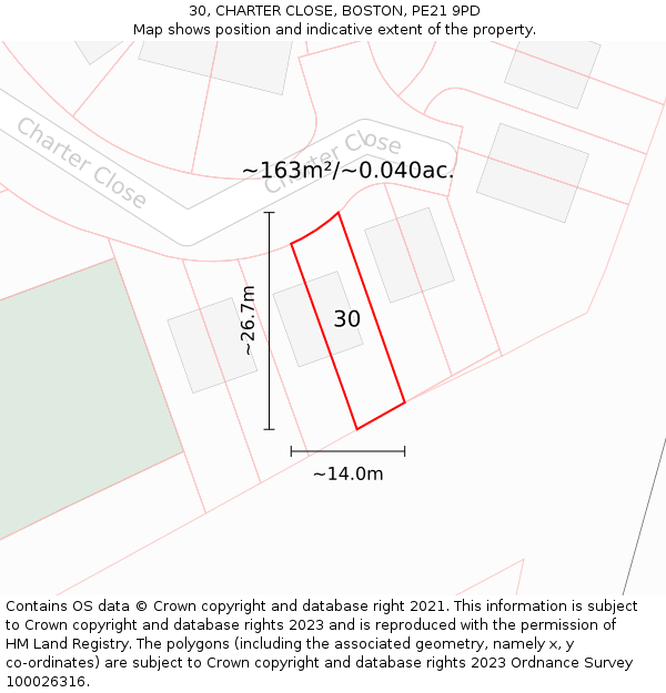 30, CHARTER CLOSE, BOSTON, PE21 9PD: Plot and title map