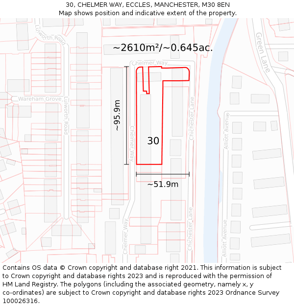 30, CHELMER WAY, ECCLES, MANCHESTER, M30 8EN: Plot and title map