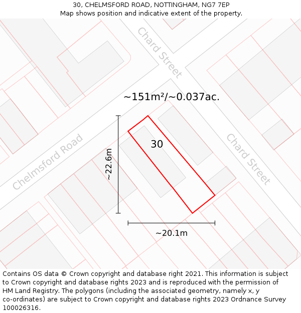 30, CHELMSFORD ROAD, NOTTINGHAM, NG7 7EP: Plot and title map