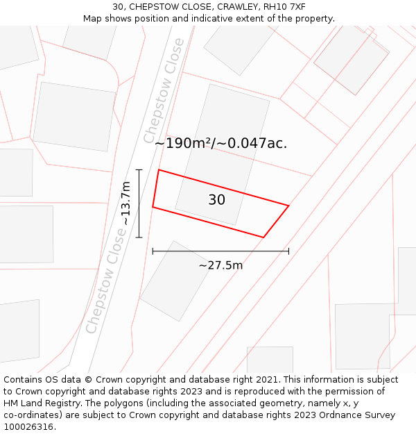 30, CHEPSTOW CLOSE, CRAWLEY, RH10 7XF: Plot and title map
