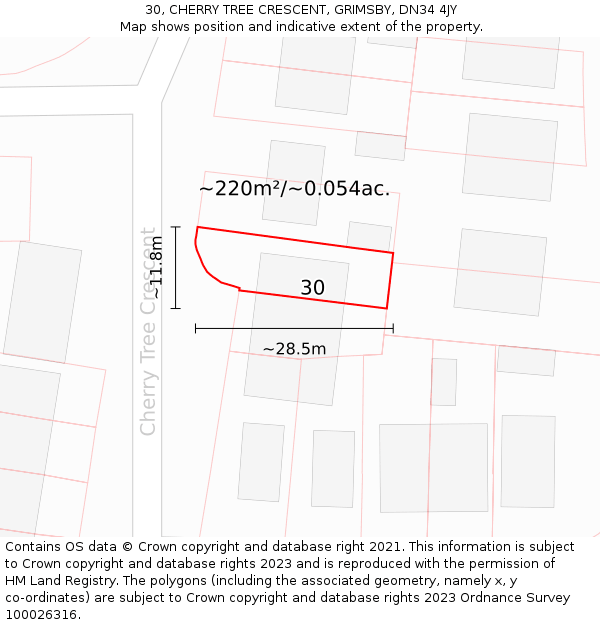 30, CHERRY TREE CRESCENT, GRIMSBY, DN34 4JY: Plot and title map