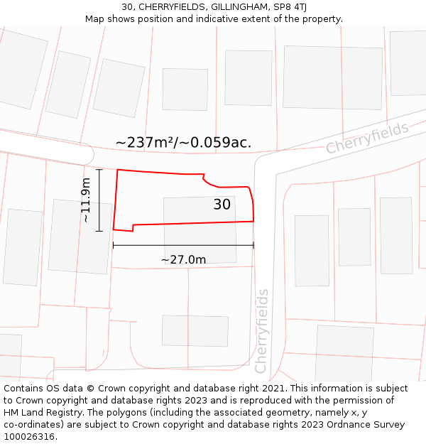 30, CHERRYFIELDS, GILLINGHAM, SP8 4TJ: Plot and title map