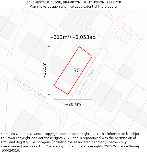 30, CHESTNUT CLOSE, BRAMPTON, HUNTINGDON, PE28 4TP: Plot and title map