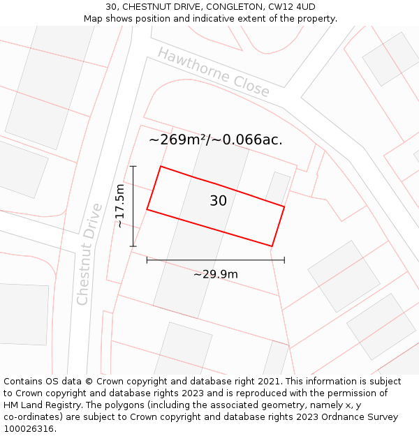 30, CHESTNUT DRIVE, CONGLETON, CW12 4UD: Plot and title map
