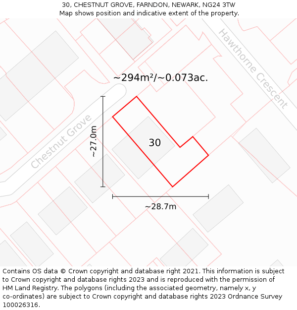 30, CHESTNUT GROVE, FARNDON, NEWARK, NG24 3TW: Plot and title map