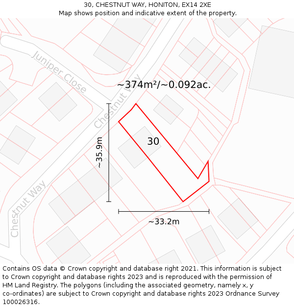 30, CHESTNUT WAY, HONITON, EX14 2XE: Plot and title map