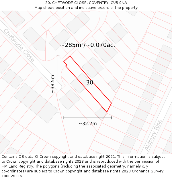 30, CHETWODE CLOSE, COVENTRY, CV5 9NA: Plot and title map