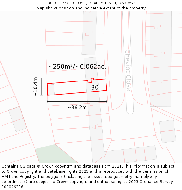 30, CHEVIOT CLOSE, BEXLEYHEATH, DA7 6SP: Plot and title map