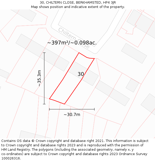 30, CHILTERN CLOSE, BERKHAMSTED, HP4 3JR: Plot and title map