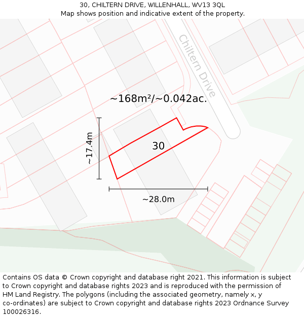 30, CHILTERN DRIVE, WILLENHALL, WV13 3QL: Plot and title map