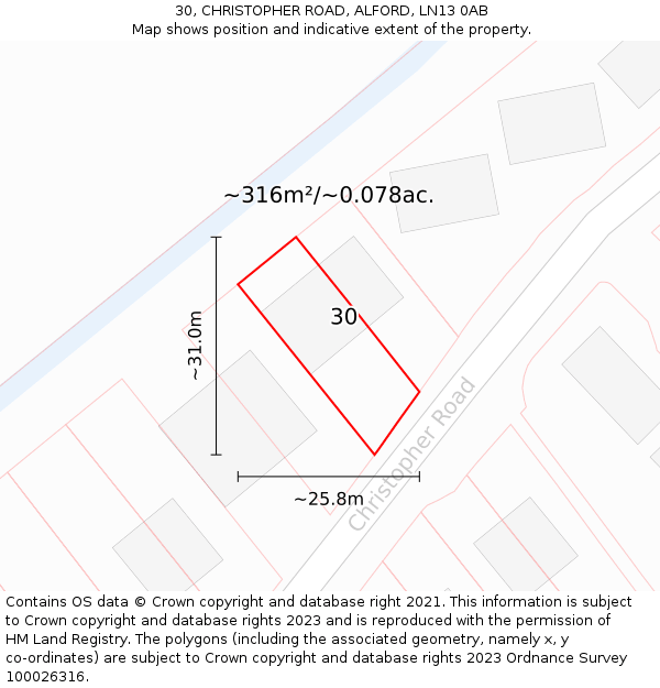 30, CHRISTOPHER ROAD, ALFORD, LN13 0AB: Plot and title map