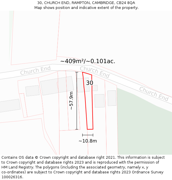 30, CHURCH END, RAMPTON, CAMBRIDGE, CB24 8QA: Plot and title map
