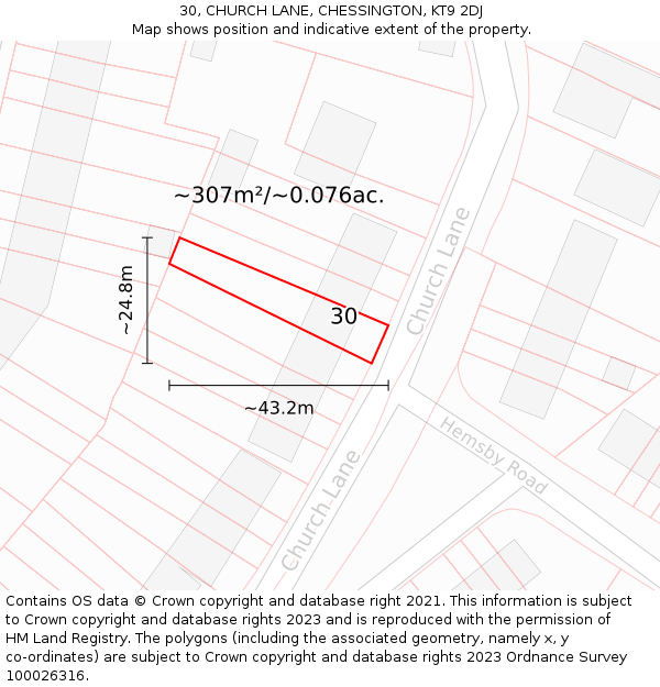30, CHURCH LANE, CHESSINGTON, KT9 2DJ: Plot and title map