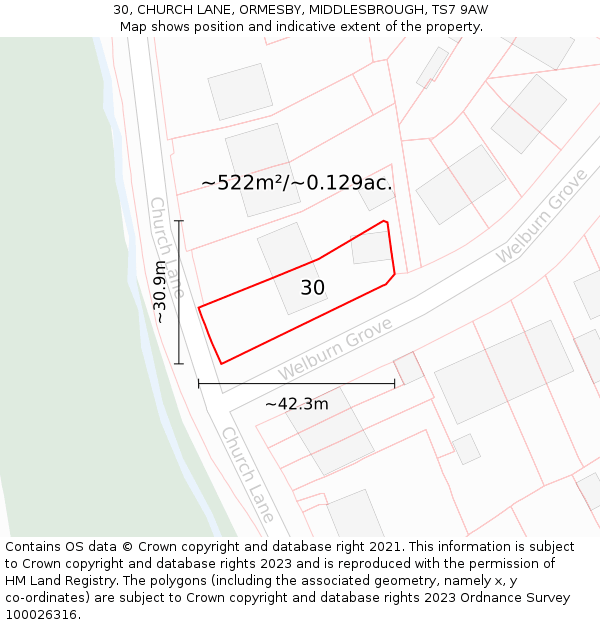30, CHURCH LANE, ORMESBY, MIDDLESBROUGH, TS7 9AW: Plot and title map