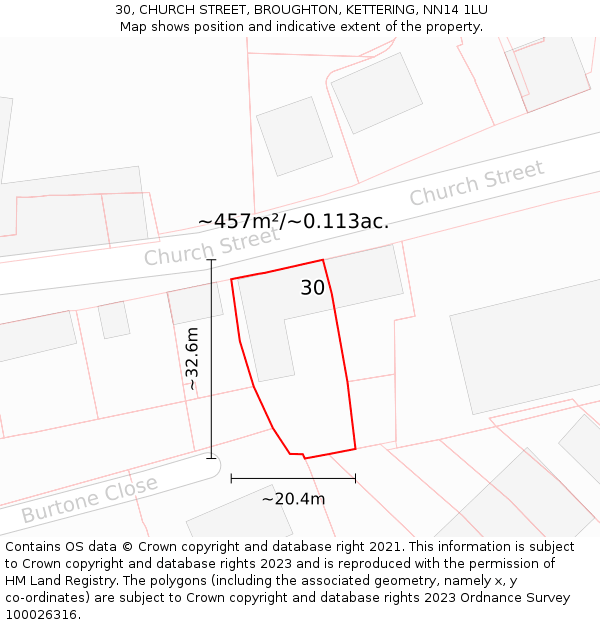 30, CHURCH STREET, BROUGHTON, KETTERING, NN14 1LU: Plot and title map