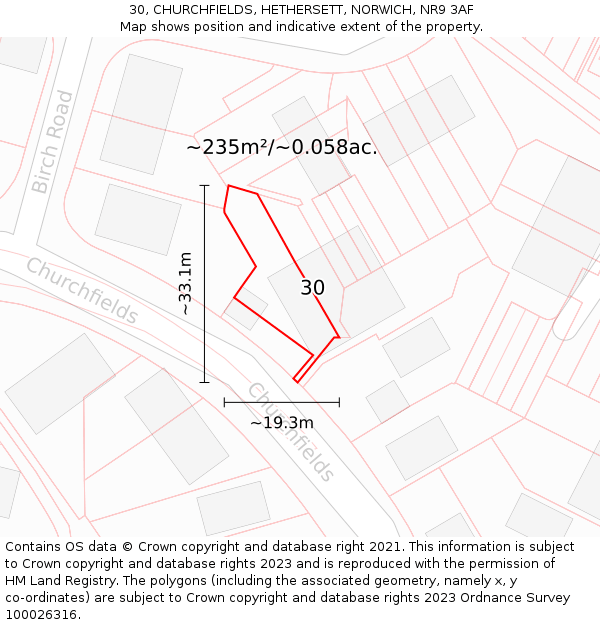 30, CHURCHFIELDS, HETHERSETT, NORWICH, NR9 3AF: Plot and title map