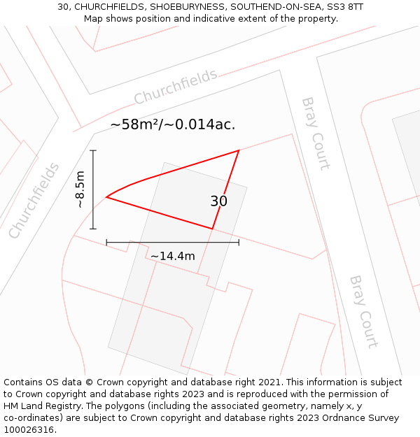 30, CHURCHFIELDS, SHOEBURYNESS, SOUTHEND-ON-SEA, SS3 8TT: Plot and title map