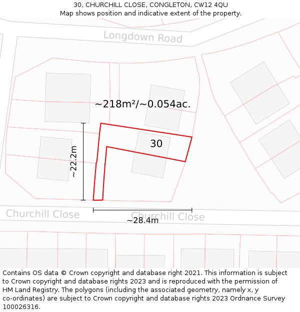 30, CHURCHILL CLOSE, CONGLETON, CW12 4QU: Plot and title map