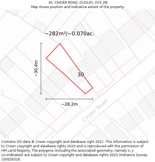 30, CINDER ROAD, DUDLEY, DY3 2RJ: Plot and title map