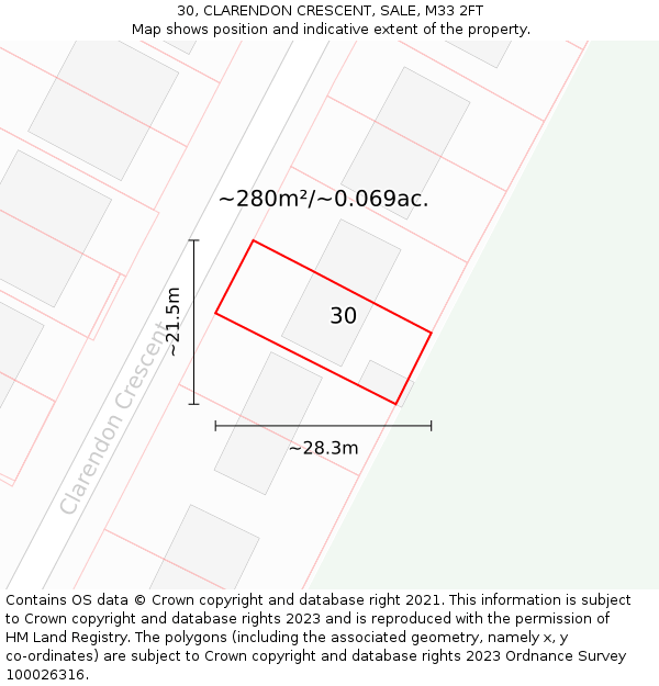 30, CLARENDON CRESCENT, SALE, M33 2FT: Plot and title map