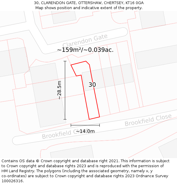 30, CLARENDON GATE, OTTERSHAW, CHERTSEY, KT16 0GA: Plot and title map
