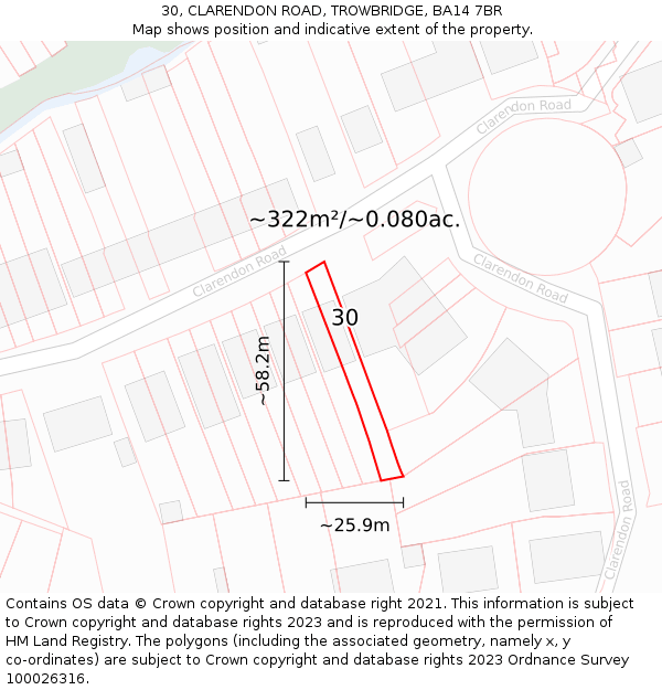 30, CLARENDON ROAD, TROWBRIDGE, BA14 7BR: Plot and title map
