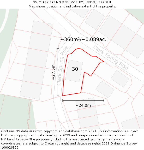 30, CLARK SPRING RISE, MORLEY, LEEDS, LS27 7UT: Plot and title map