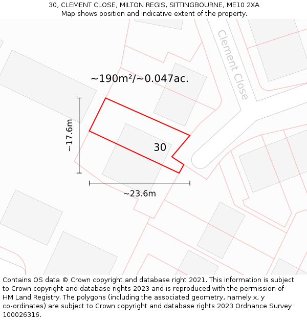 30, CLEMENT CLOSE, MILTON REGIS, SITTINGBOURNE, ME10 2XA: Plot and title map