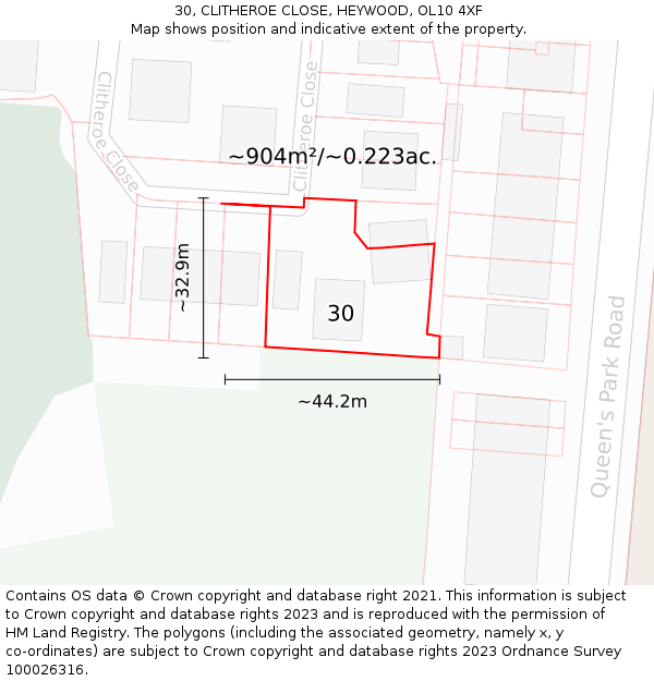 30, CLITHEROE CLOSE, HEYWOOD, OL10 4XF: Plot and title map