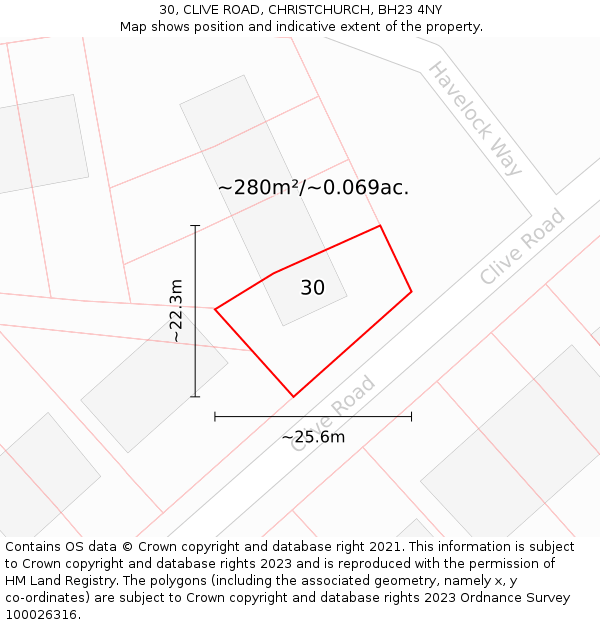 30, CLIVE ROAD, CHRISTCHURCH, BH23 4NY: Plot and title map