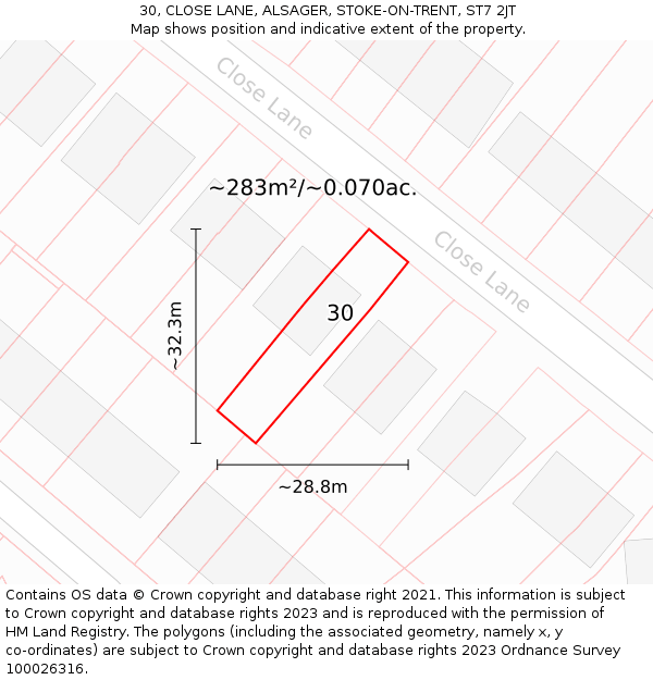 30, CLOSE LANE, ALSAGER, STOKE-ON-TRENT, ST7 2JT: Plot and title map