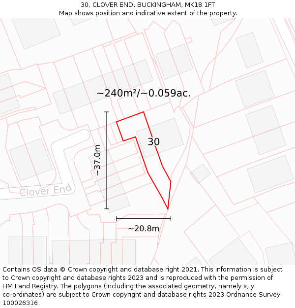 30, CLOVER END, BUCKINGHAM, MK18 1FT: Plot and title map