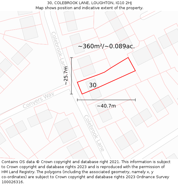 30, COLEBROOK LANE, LOUGHTON, IG10 2HJ: Plot and title map