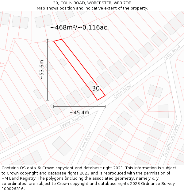 30, COLIN ROAD, WORCESTER, WR3 7DB: Plot and title map