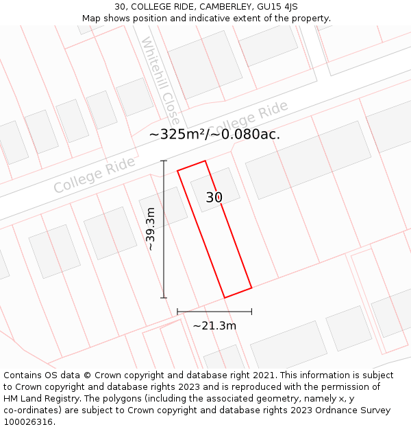 30, COLLEGE RIDE, CAMBERLEY, GU15 4JS: Plot and title map