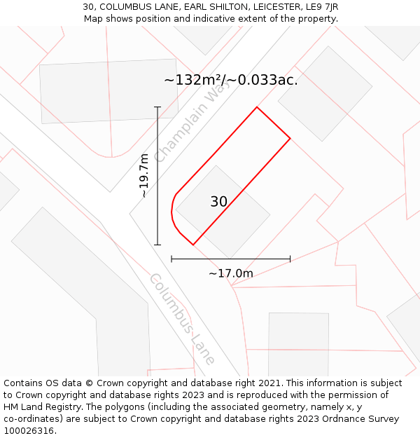 30, COLUMBUS LANE, EARL SHILTON, LEICESTER, LE9 7JR: Plot and title map