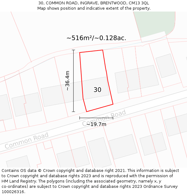 30, COMMON ROAD, INGRAVE, BRENTWOOD, CM13 3QL: Plot and title map